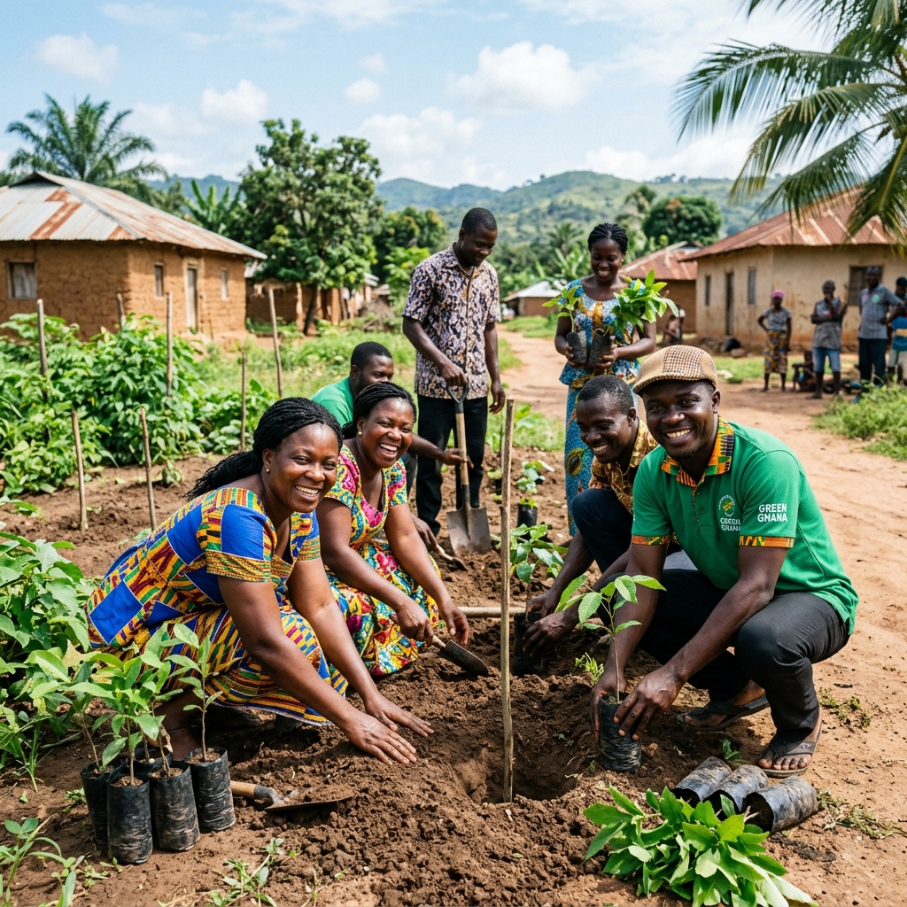 Ghanaian villagers planting trees together